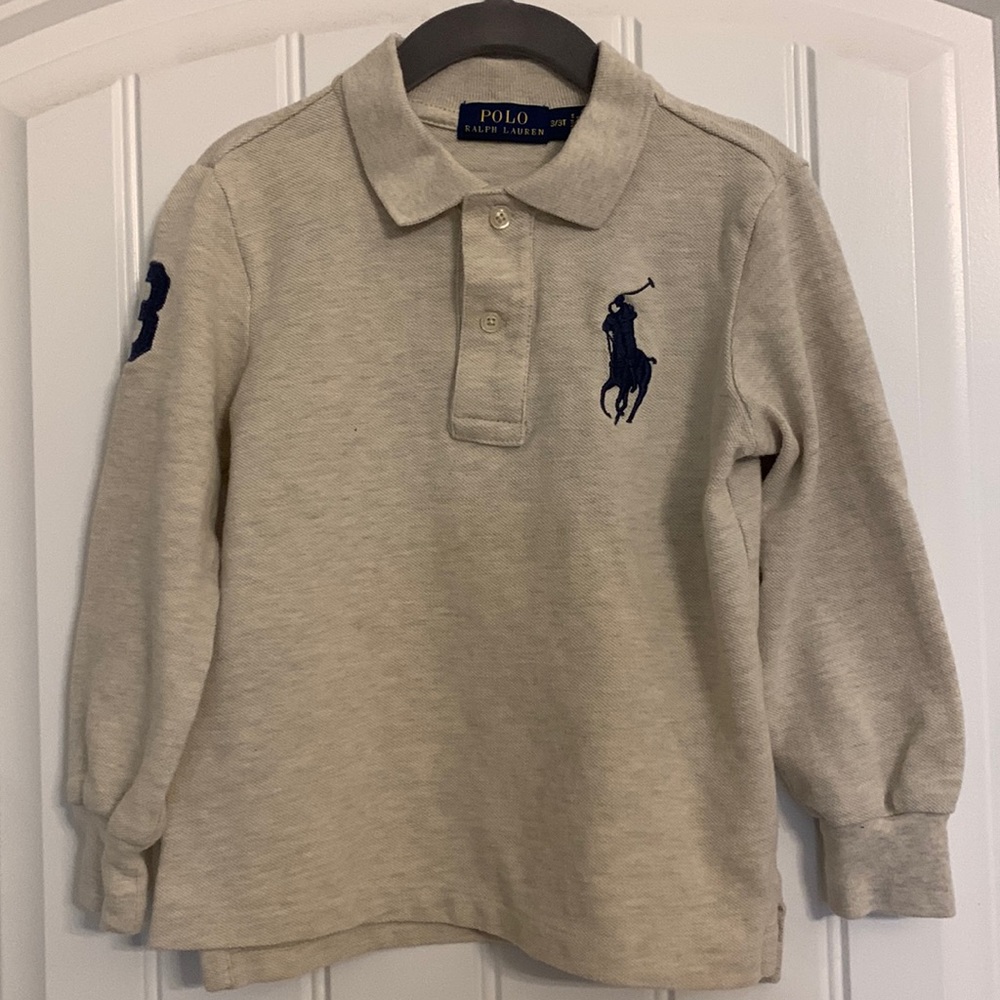 Beige Heather polo Ralph Lauren longsleeve shirt. Size 3T